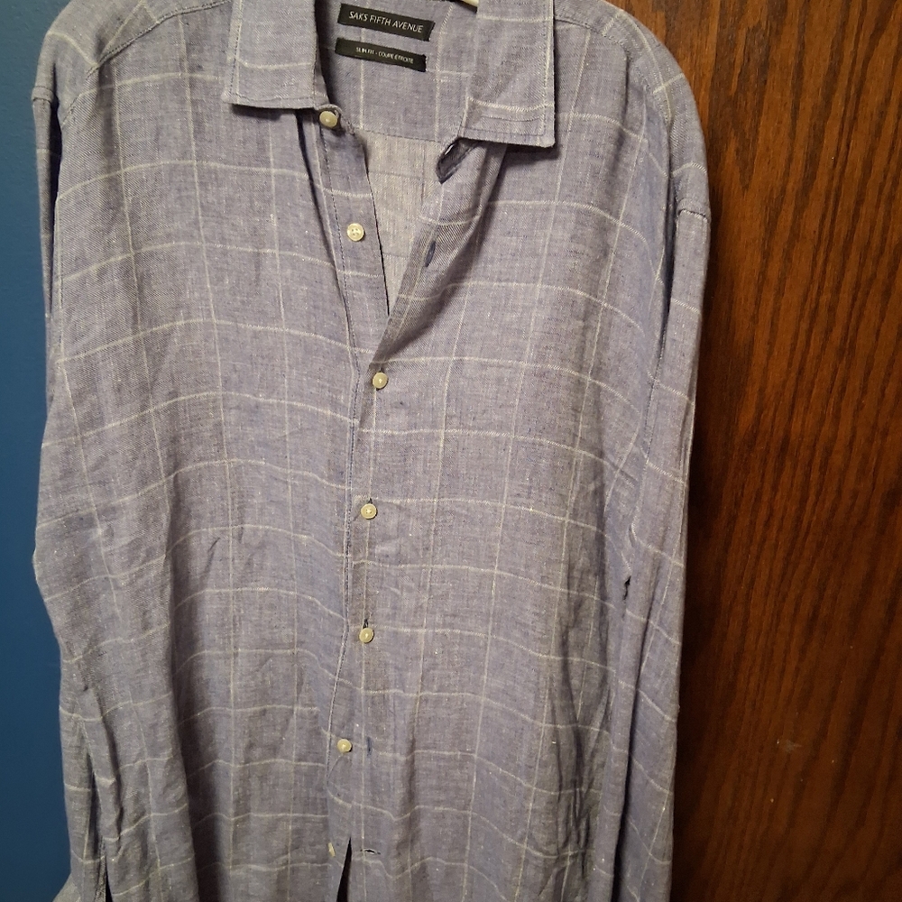 Saks Fifth Avenue Men's Casual Blue Button Down Linen Shirt